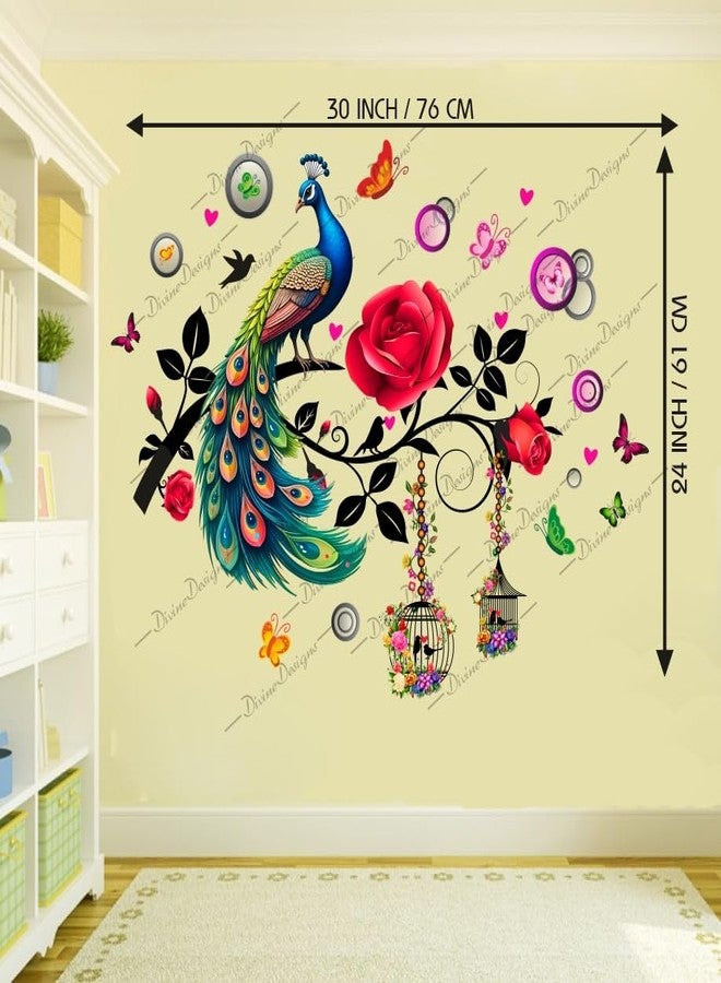 DivineDesigns ملصق حائط ذاتي اللصق من الفينيل PVC بتصميم أقفاص زهور حمراء على شكل طاووس من DivineDesigns لتزيين المنزل/غرفة المعيشة (متعدد الألوان) - Image 3